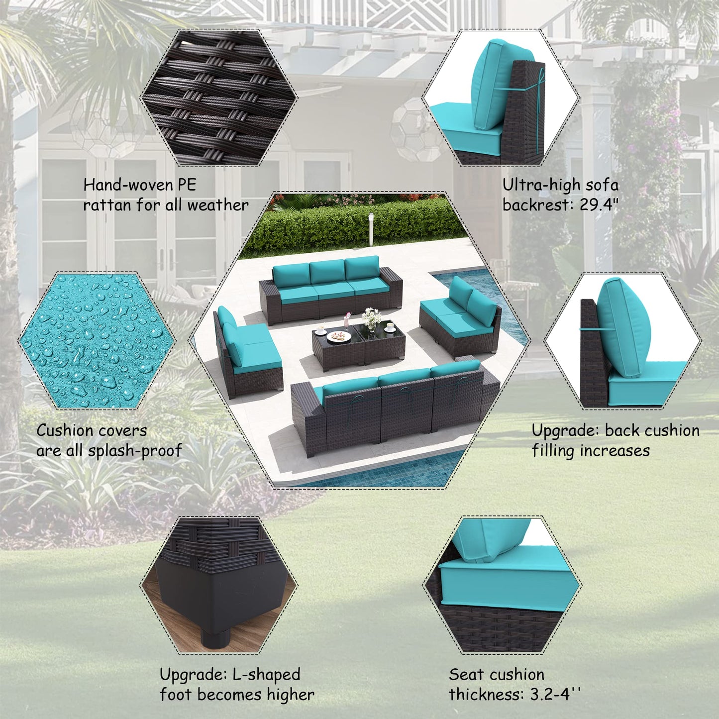 ALAULM 12 Pieces High-back Sectional Sofa Sets Outdoor Patio Furniture - Blue