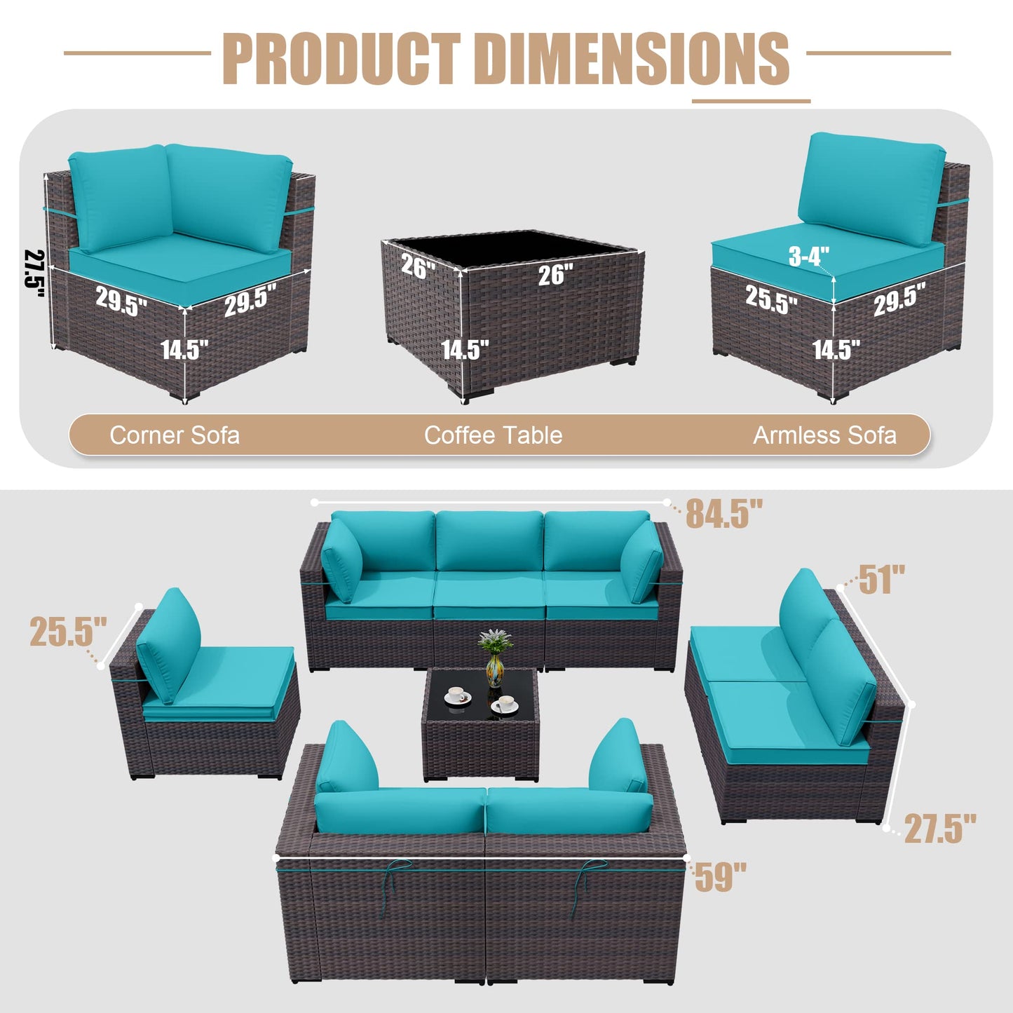 ALAULM 9 Pieces Outdoor Patio Furniture Set Sectional Sofa Sets - Blue