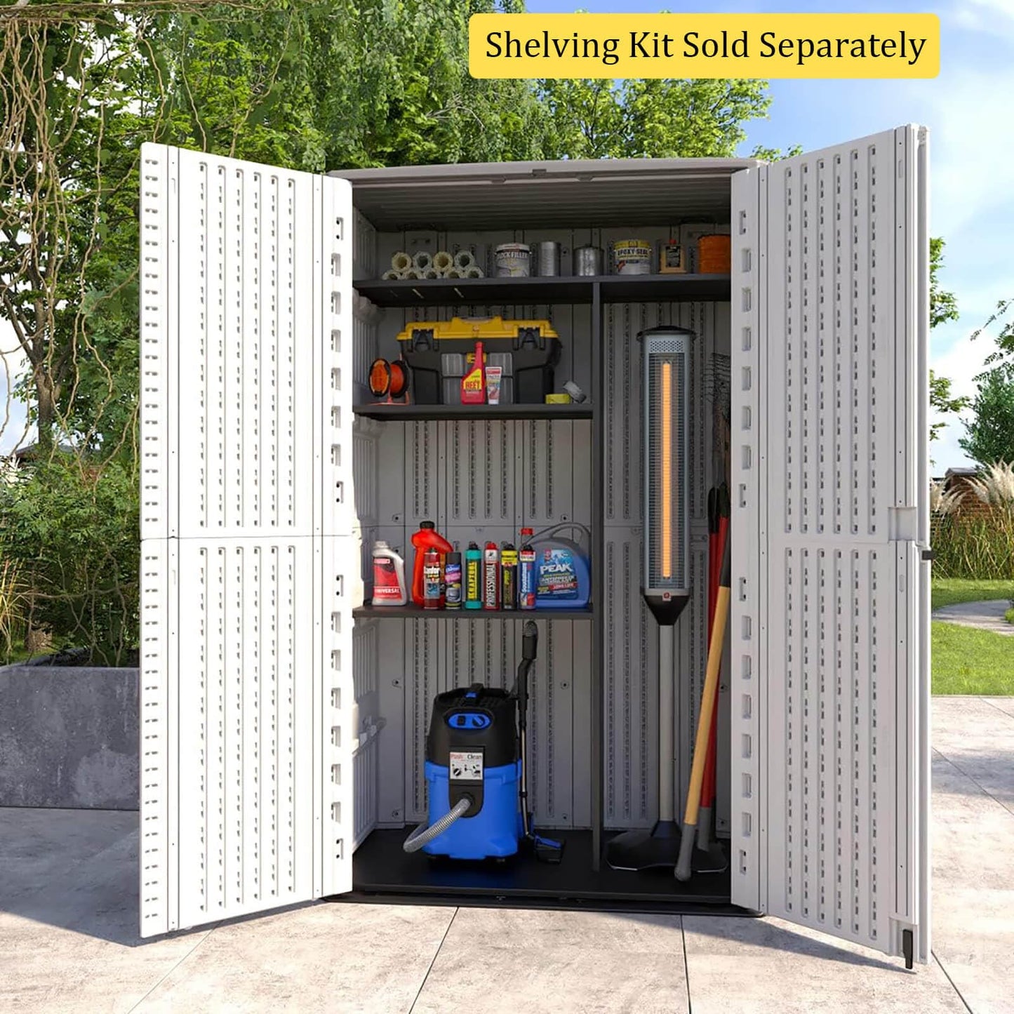 HOMSPARK Abri de rangement vertical résistant aux intempéries, armoire de rangement extérieure double couche pour accessoires de jardin et de terrasse, (50 po L x 29 po L x 82 po H, 52 pieds cubes) Toit gris, mur beige clair, sol noir