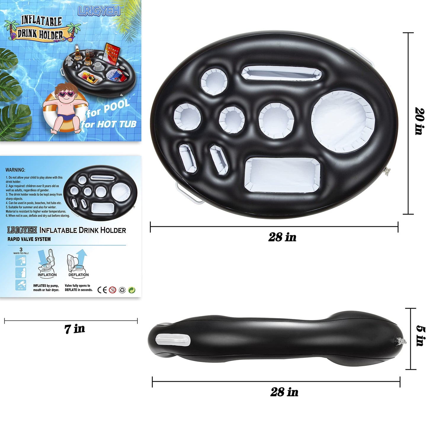 LRIGYEH Pool Accessories Inflatable Floating Drink Holder with 9 Holes Capacity Drink Float for Pools & Beach, Hot Tub Accessories Black