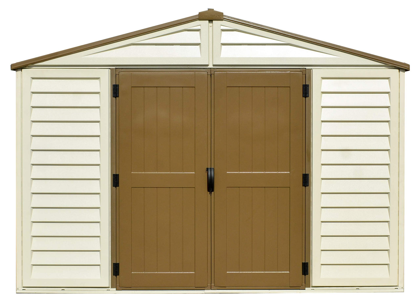 Duramax 0638801402145 Woodbridge Plus Abri de jardin en plastique 10,5 x 8 avec kit de fondation et fenêtre fixe - ivoire et marron - Garantie 15 ans, 10 x 8, marron et ivoire