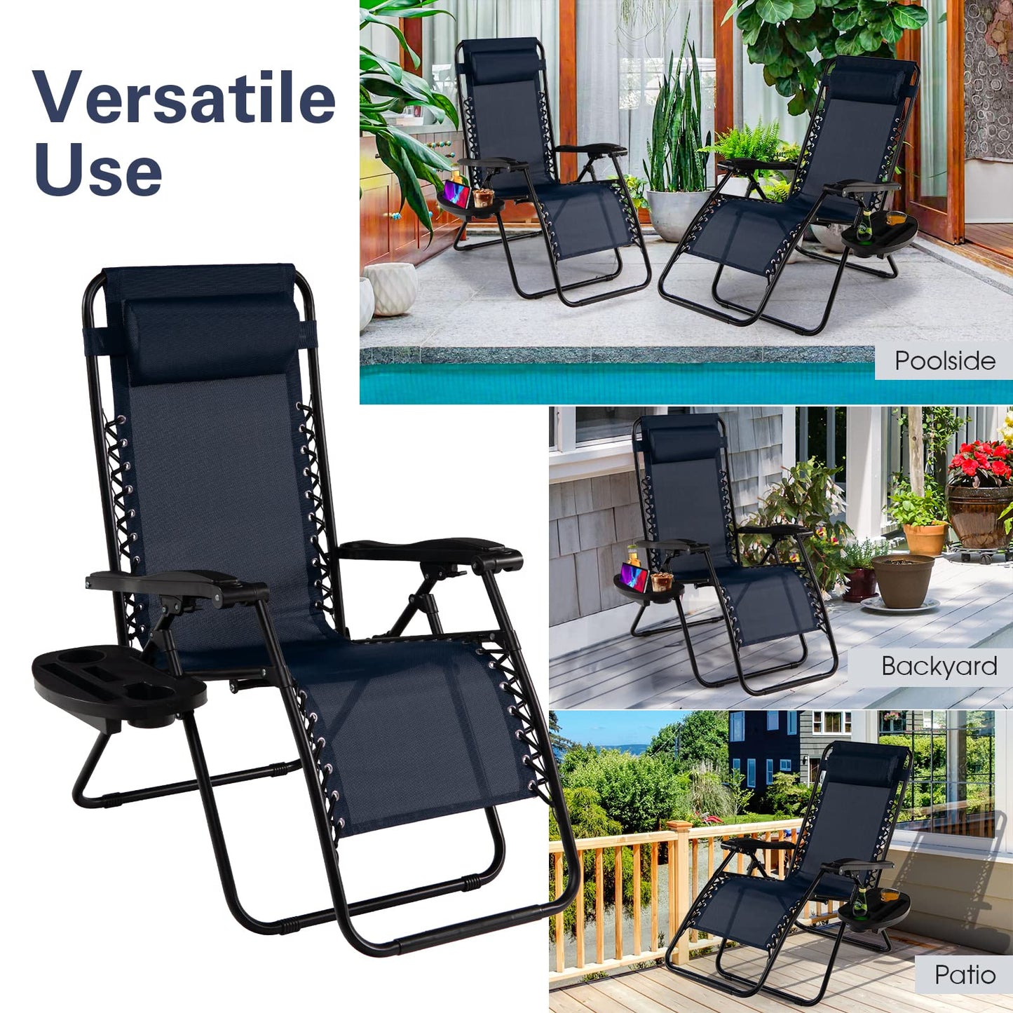 Goplus Zero Gravity Chair, Adjustable Folding Reclining Lounge Chair with Pillow and Cup Holder, Patio Lawn Recliner for Outdoor Pool Camp Yard (Set of 2, Navy) set of 2