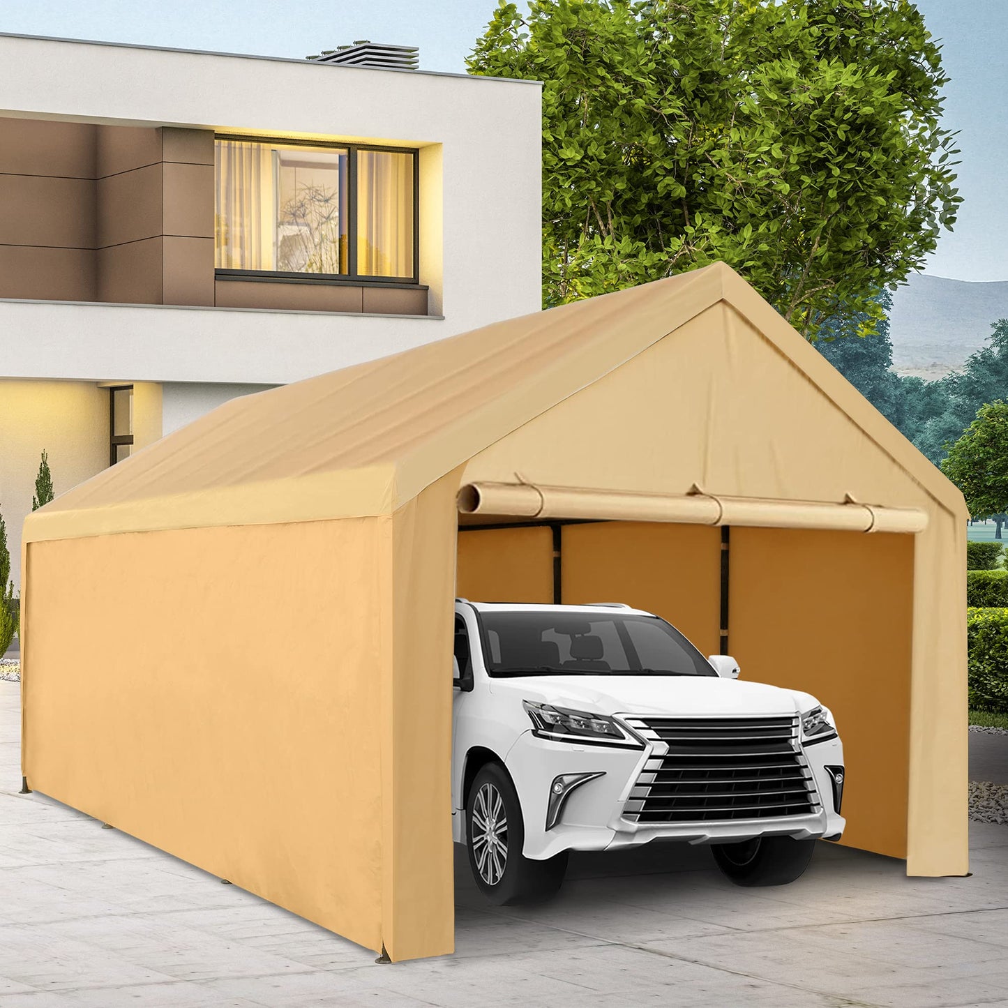 Abba Patio 10 x 20 ft Carport Heavy Duty Carport with Removable Sidewalls & Doors Portable Garage Extra Large Car Canopy for Auto, Boat, Party, Wedding, Market stall, with 8 Legs, Khaki 10x20 Feet