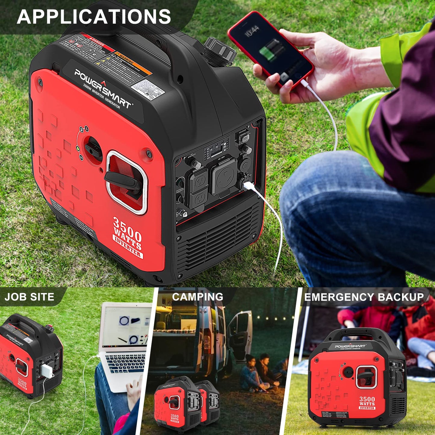 PowerSmart 3500-Watt Portable Inverter Generator Gas Powered, Super Quiet Outdoor Generator RV Ready for Home Use, CARB Compliant PS5035 3500 Watts