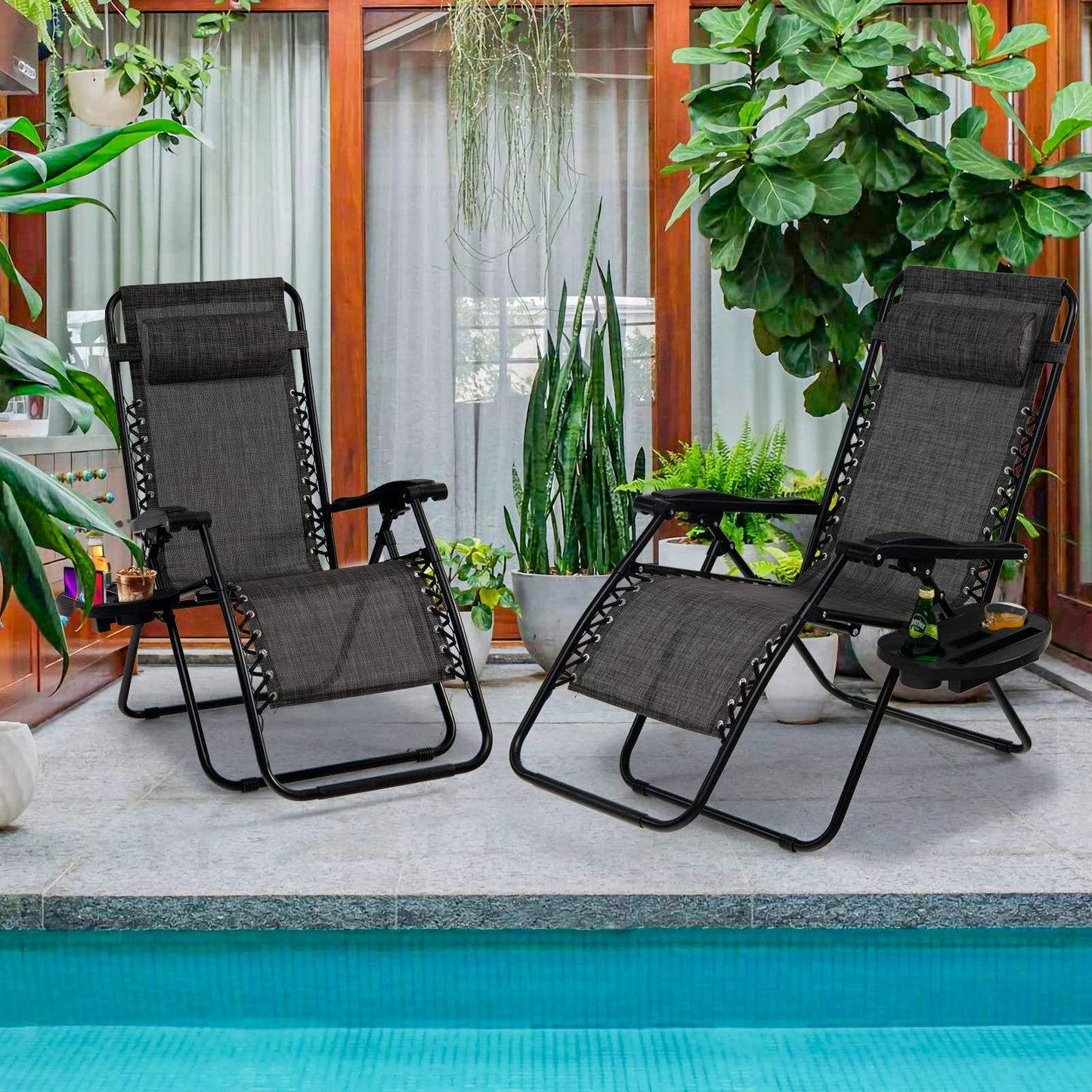 Goplus Zero Gravity Chair, Adjustable Folding Reclining Lounge Chair with Pillow and Cup Holder, Patio Lawn Recliner for Outdoor Pool Camp Yard (1, Grey) set of 1