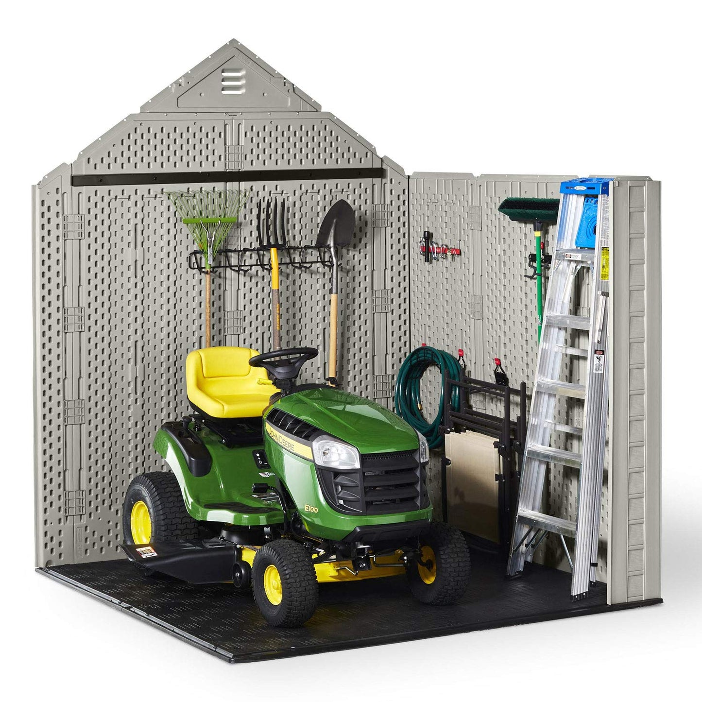 Rubbermaid Abri de rangement extérieur en résine résistante aux intempéries de 7 x 7 pieds + support de rangement pour outils de jardin et sport de 34 pouces pour abris