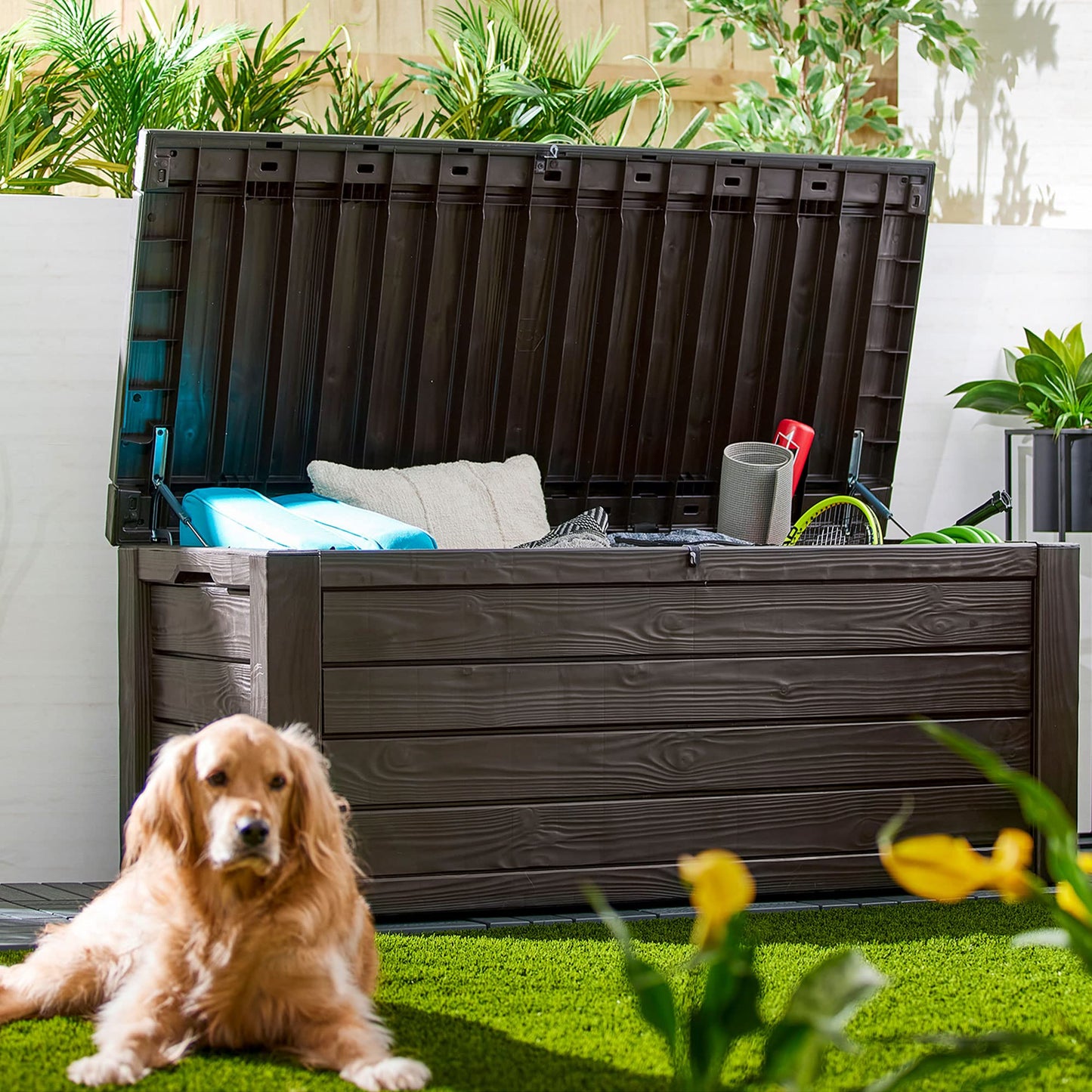 Keter Westwood Outdoor Resin 150 Gallon Deck Storage Box Organizer for Patio Furniture, Pool Toys and Yard Tools with Bench, Brown (2 Pack)