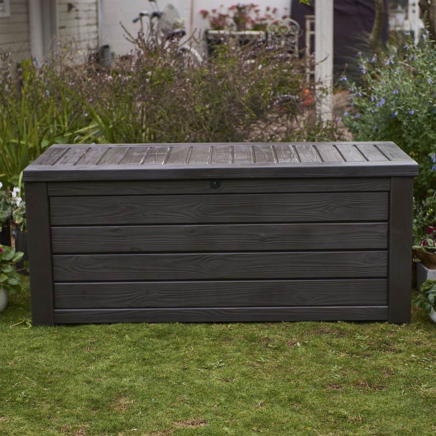 Keter Westwood Outdoor Resin 150 Gallon Deck Storage Box Organizer for Patio Furniture, Pool Toys and Yard Tools with Bench, Brown (2 Pack)