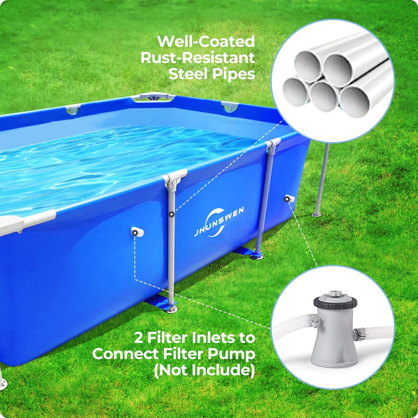 Above Ground Swimming Pool, Jhunswen 8.3ft x 5ft x 26in Outdoor Rectangular Steel Frame Pool for Adults Family, Grande Splash Square Pool for Kids, Easy Setup Pool with Repair Kit (No Filter Pump) 8ft