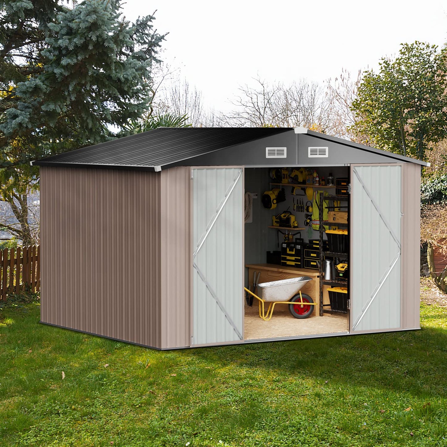 Breezestival Abri de rangement extérieur 2,4 x 3 m, abri à outils utilitaire en acier avec porte verrouillable et bouches d'aération, abri en métal galvanisé pour jardin, cour, terrasse, pelouse (8' x 10') 8 x 10'