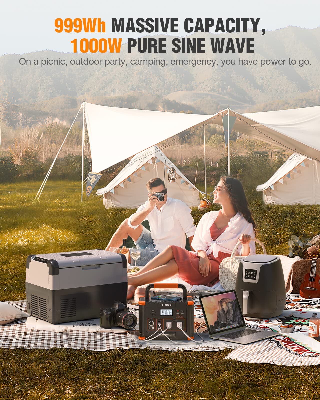 GRECELL 999Wh Solar Generator 1000W, Portable Power Station with 60W USB-C PD Output