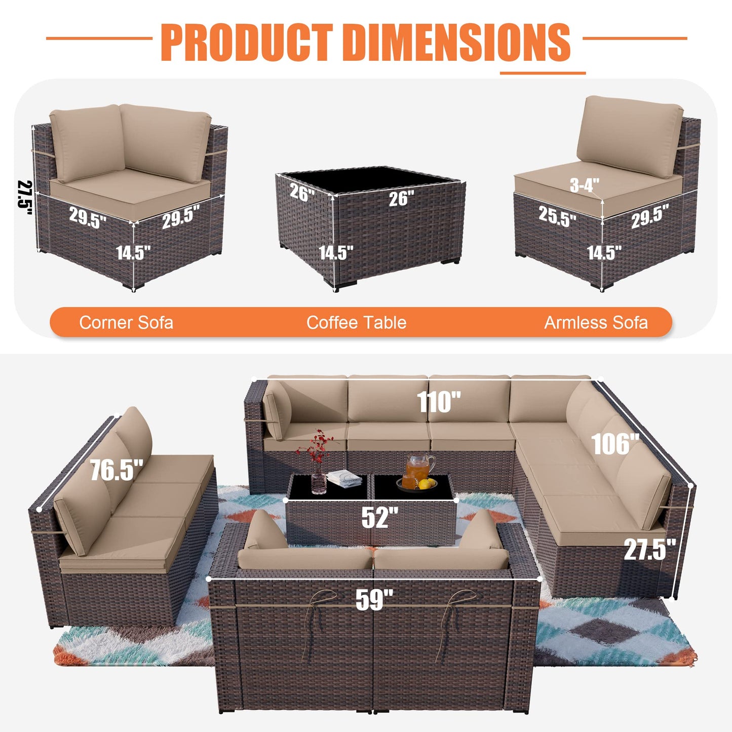 ALAULM 14 Pieces Sectional Outdoor Patio Furniture Sofa Sets - Sand