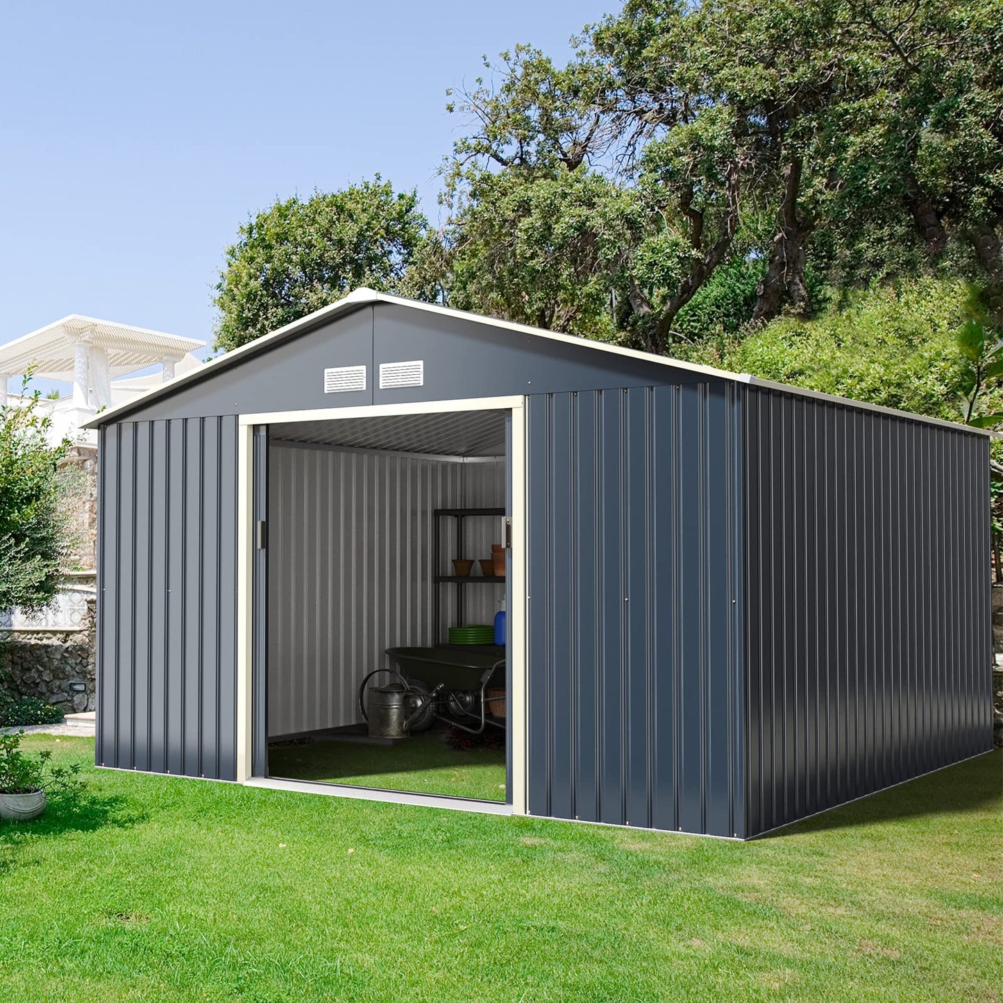 Goplus Abri de rangement en métal 11' X 10' Organisateur de bâtiment extérieur avec 4 aérations et double porte coulissante pour jardin, arrière-cour, ferme (11' X 10') 11' X 10'