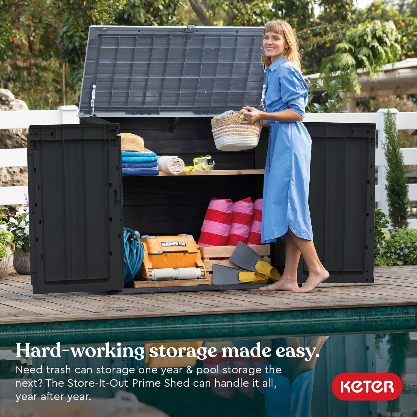 Keter Store-It-Out Prime 4.3 x 2.3 Foot Resin Outdoor Storage Shed with Easy Lift Hinges,Black & Solana 70 Gallon Storage Bench Deck Box for Patio Furniture,Front Porch Decor and Outdoor Seating Grey