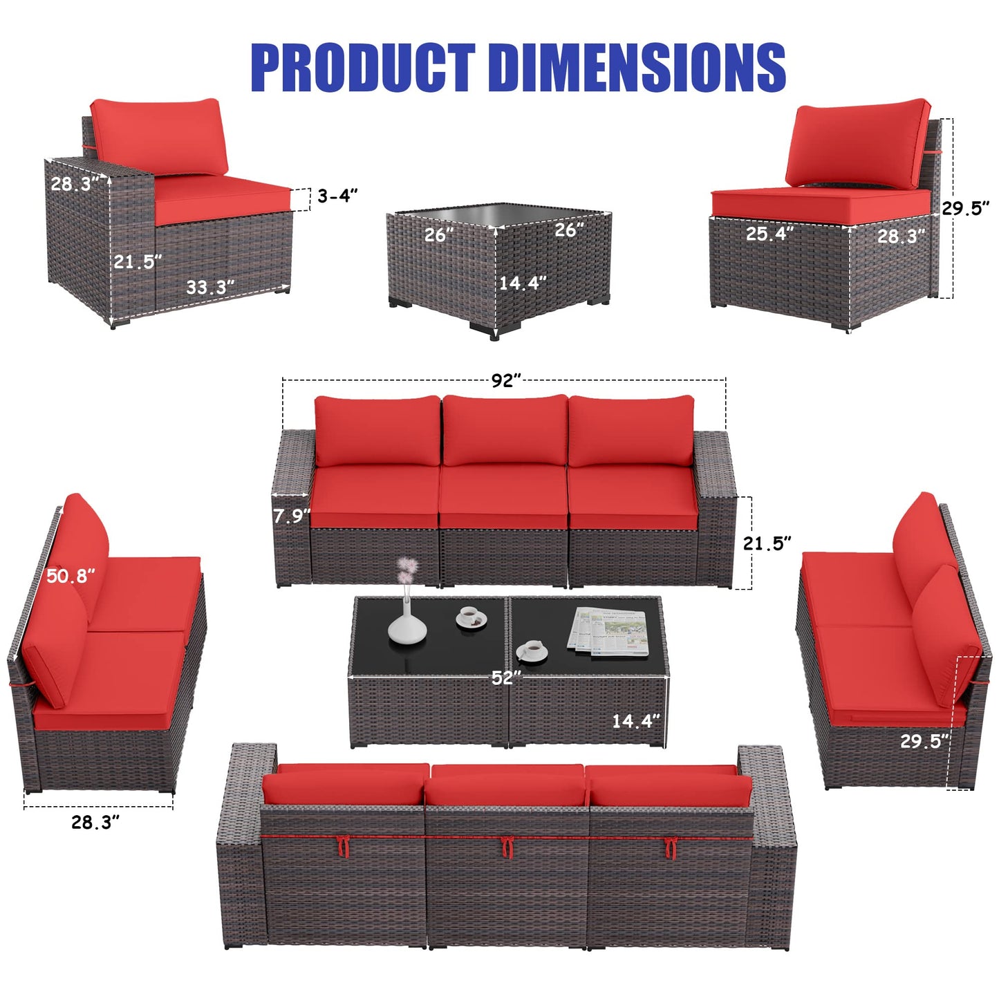 ALAULM 12 Pieces Outdoor Patio Furniture Set Sectional Sofa Sets - Red