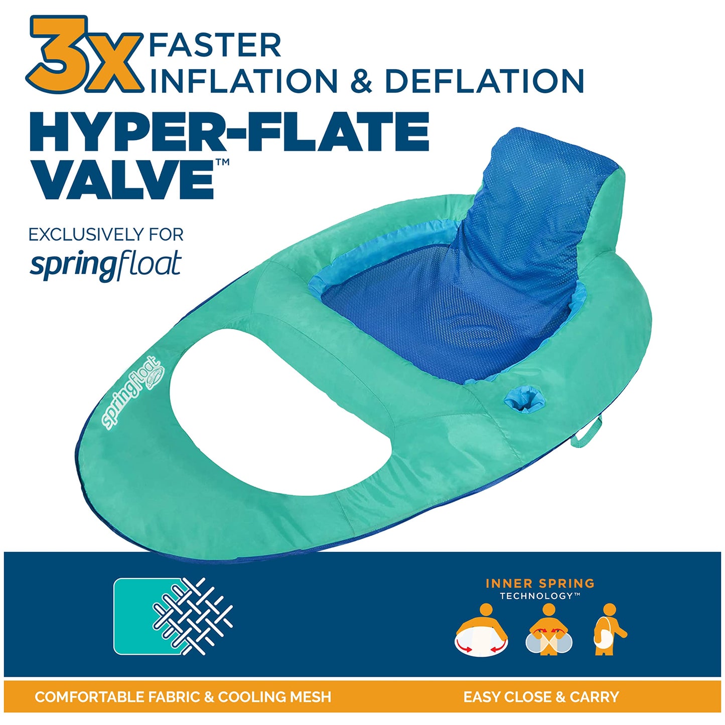SwimWays Spring Float Recliner Pool Lounge Chair with Hyper-Flate Valve, Aqua Aqua Recliner