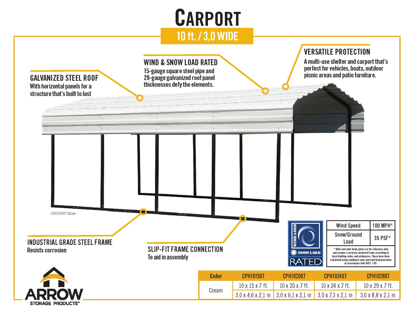 Arrow Shed 10' x 20' x 7' Carport Car Canopy with Galvanized Steel Horizontal Roof, Garage Shelter for Cars and Boats, Eggshell Carport Only 10' x 20' x 7'