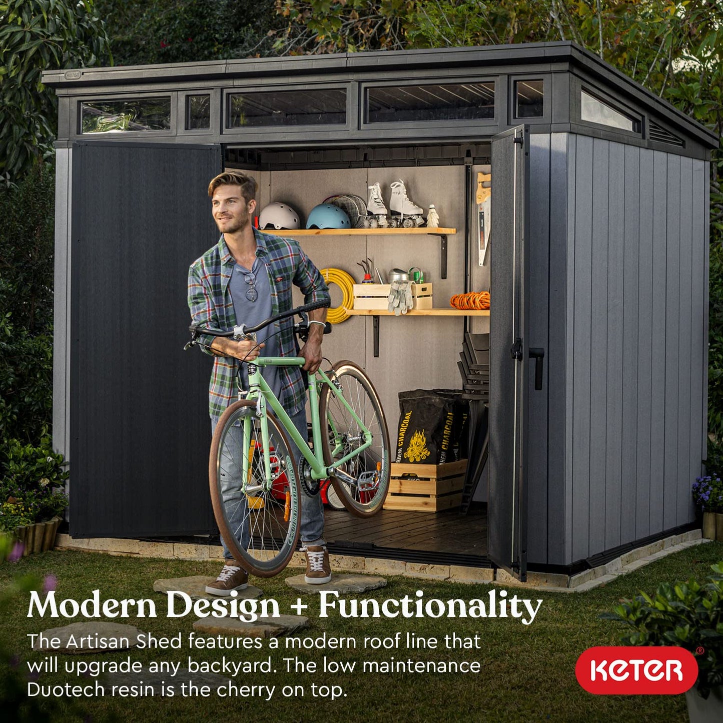 Keter Artisan Grand abri extérieur de 9 x 7 pieds avec sol au design moderne pour meubles de patio, tondeuse à gazon, outils et rangement pour vélos, pieds, gris/noir