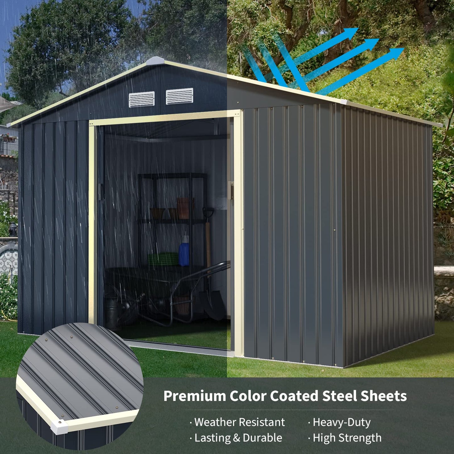 Goplus Storage Shed, Metal 9’ X 6’ Outdoor Building Organizer with 4 Vents & Double Sliding Door for Garden Backyard Farm (9'X6') 9'X6'