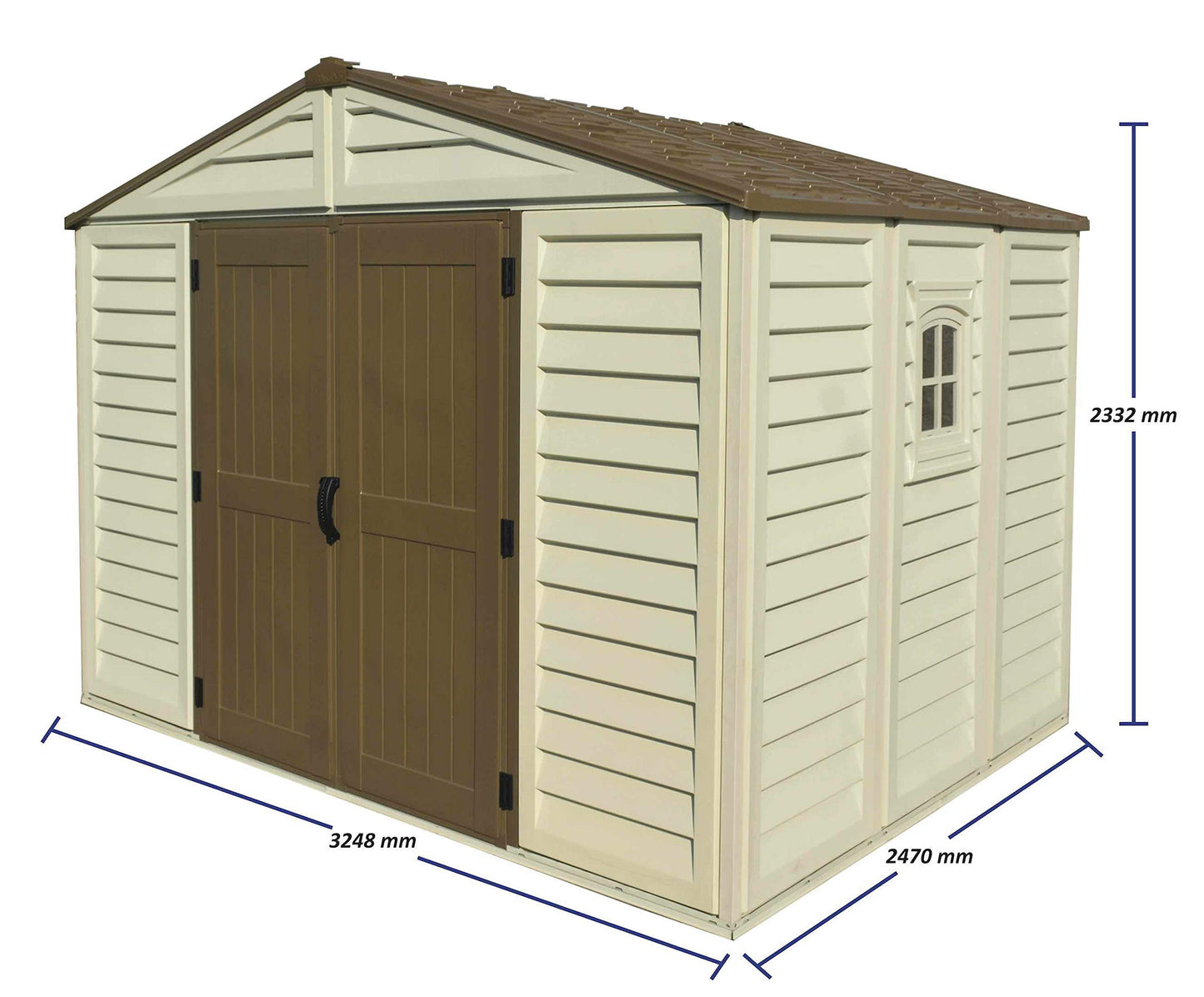 Duramax 0638801402145 Woodbridge Plus Abri de jardin en plastique 10,5 x 8 avec kit de fondation et fenêtre fixe - ivoire et marron - Garantie 15 ans, 10 x 8, marron et ivoire
