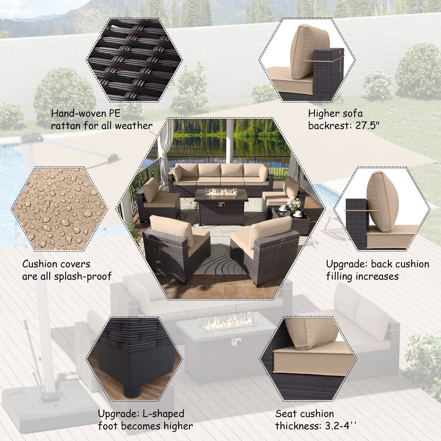 ALAULM 10 Pieces Patio Furniture Set with Propane Fire Pit Table Outdoor Sectional Sofa Sets Patio Furniture