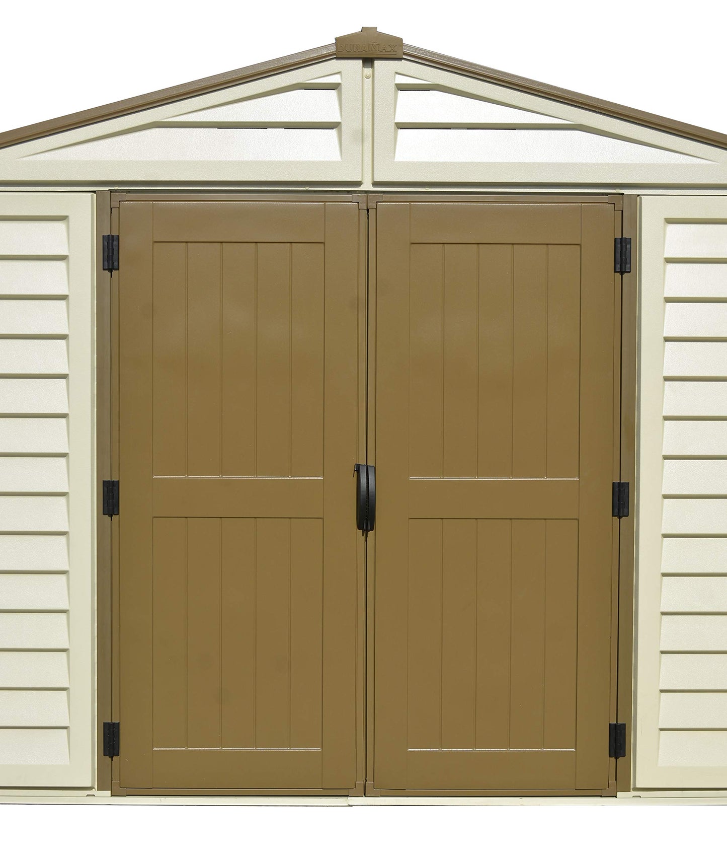 Duramax 0638801402145 Woodbridge Plus Abri de jardin en plastique 10,5 x 8 avec kit de fondation et fenêtre fixe - ivoire et marron - Garantie 15 ans, 10 x 8, marron et ivoire