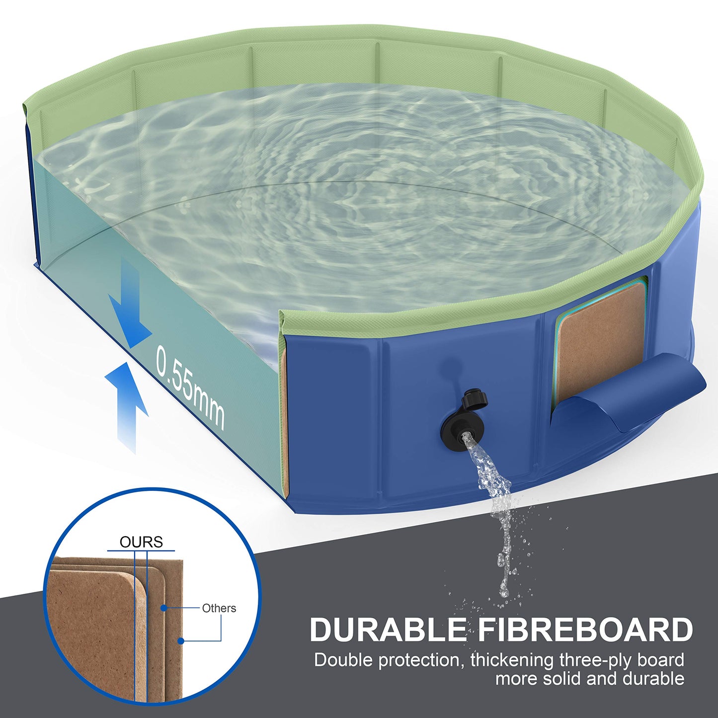 Piscine pliable pour chien par LUNAOO - Piscine portable pour enfants, piscine extérieure en PVC durable pour grands petits chiens (L - 47'' x 12'', bleu marine vert) L - 47'' x 12''