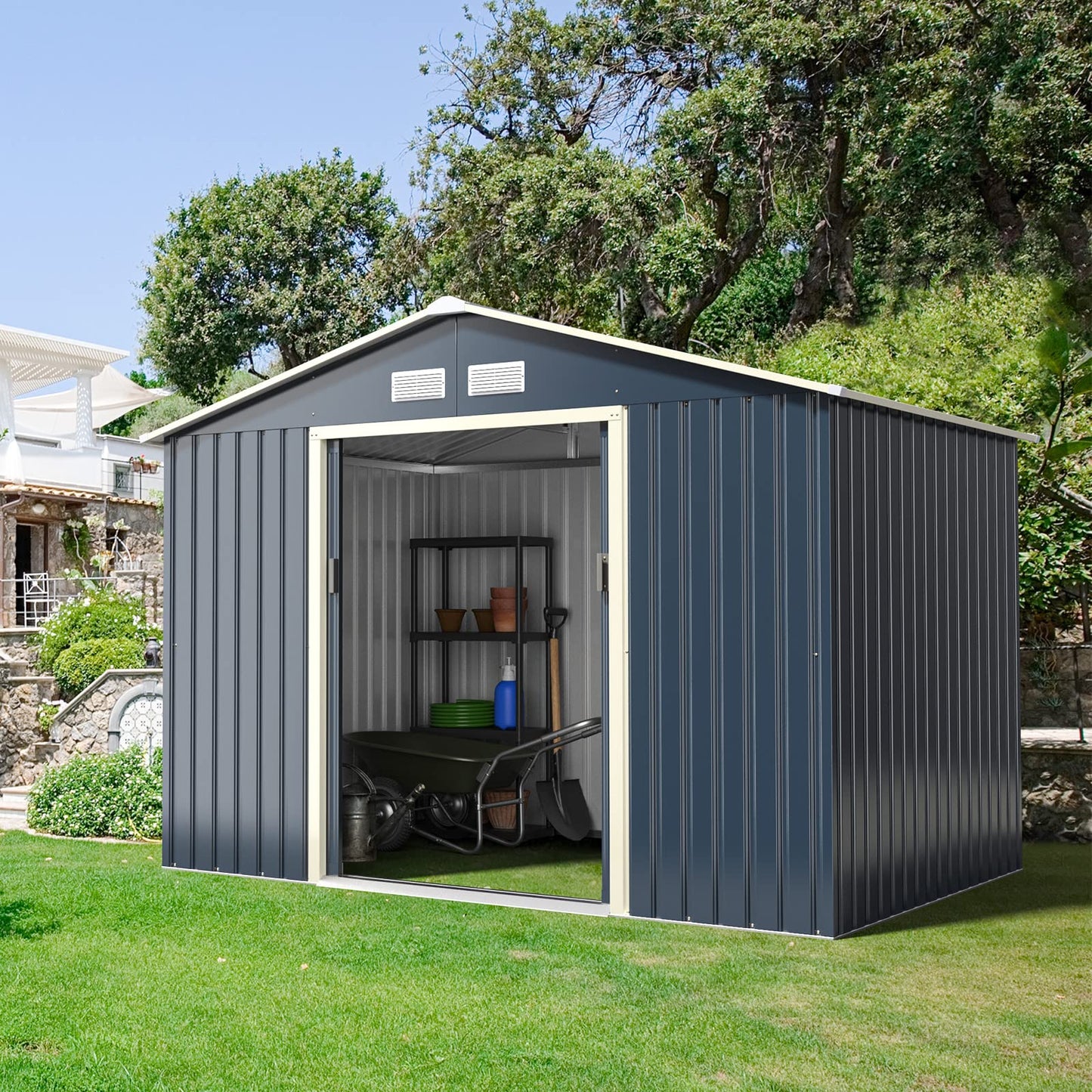 Goplus Storage Shed, Metal 9’ X 6’ Outdoor Building Organizer with 4 Vents & Double Sliding Door for Garden Backyard Farm (9'X6') 9'X6'