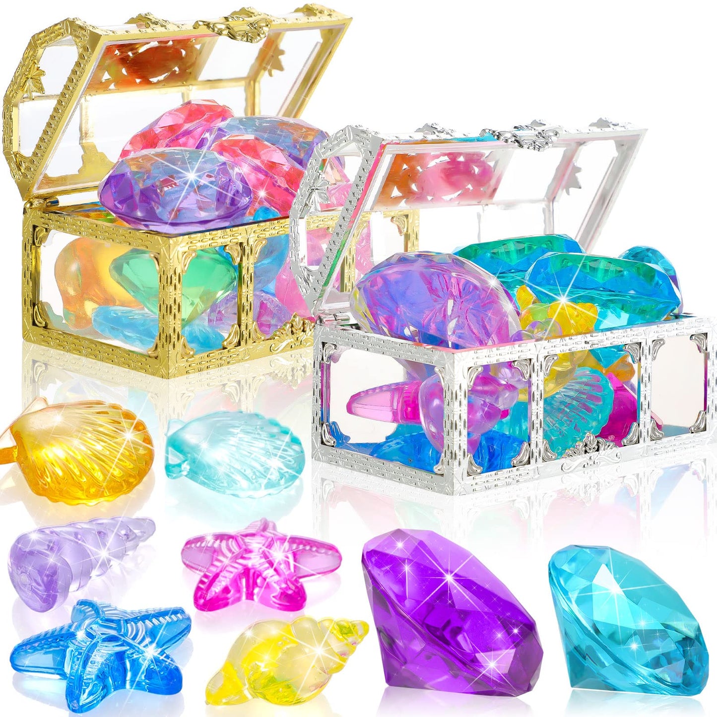 24 Pieces Diving Gem Pool Toys Colorful Summer Swimming Gem Diving Toys with 2 Treasure Pirate Boxes Summer Underwater Swimming Toy Set for Parties Birthday, Wedding Decoration Gems (Ocean Style) Ocean Style