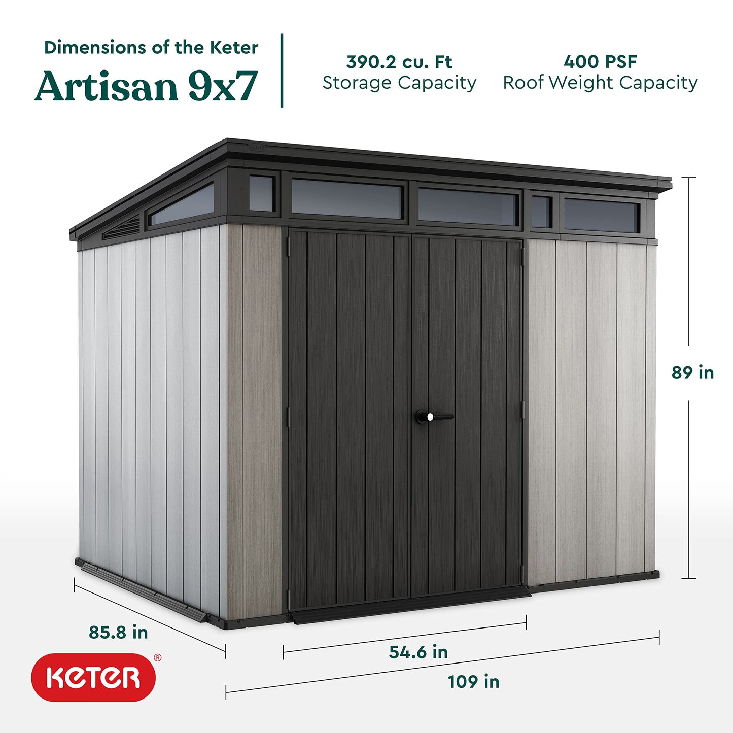 Keter Artisan Grand abri extérieur de 9 x 7 pieds avec sol au design moderne pour meubles de patio, tondeuse à gazon, outils et rangement pour vélos, pieds, gris/noir