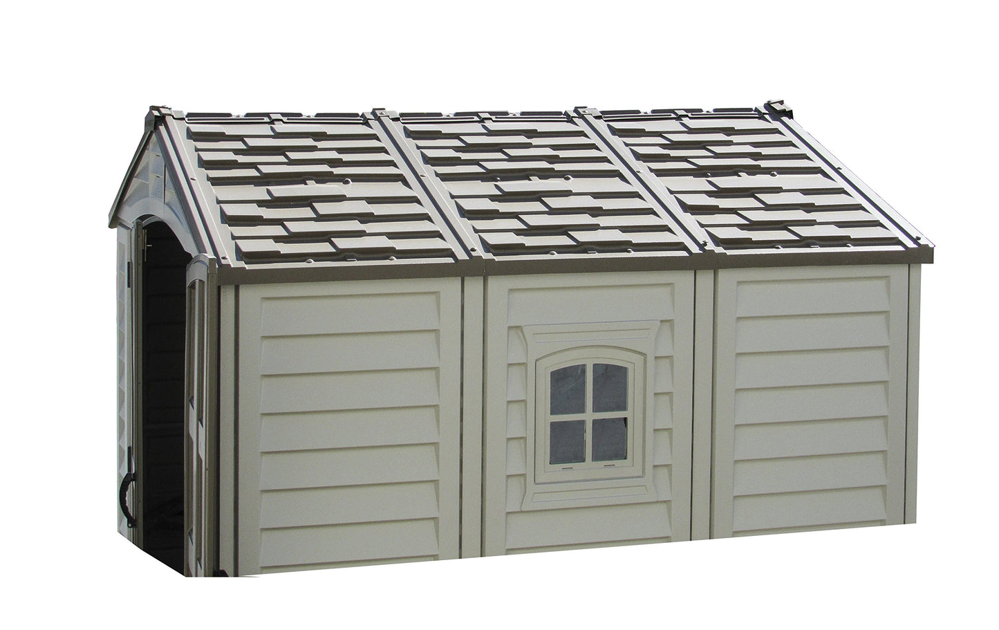 Duramax 0638801402145 Woodbridge Plus Abri de jardin en plastique 10,5 x 8 avec kit de fondation et fenêtre fixe - ivoire et marron - Garantie 15 ans, 10 x 8, marron et ivoire