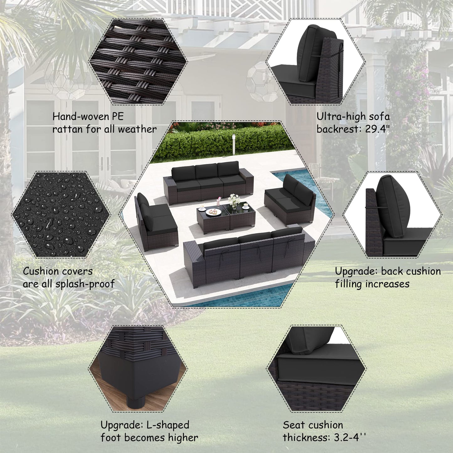 ALAULM 12 Pieces High-back Sofas Outdoor Patio Furniture Set, Sectional Sofa Sets