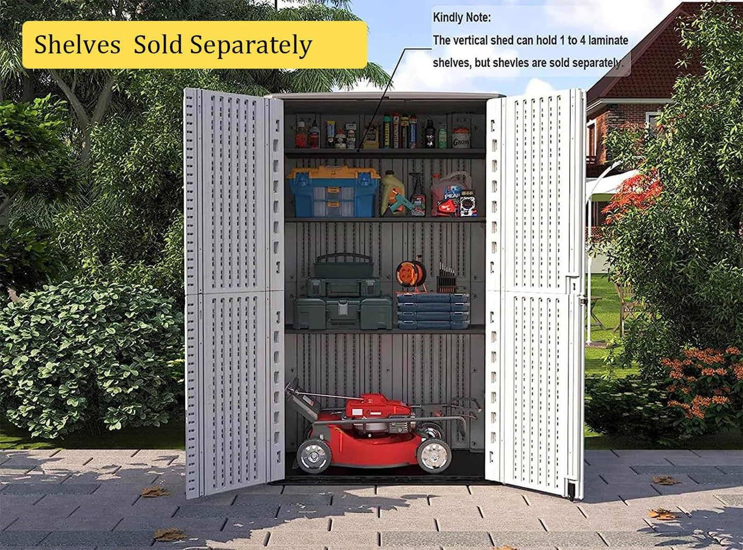 HOMSPARK Abri de rangement vertical résistant aux intempéries, armoire de rangement extérieure double couche pour accessoires de jardin et de terrasse, (50 po L x 29 po L x 82 po H, 52 pieds cubes) Toit gris, mur beige clair, sol noir