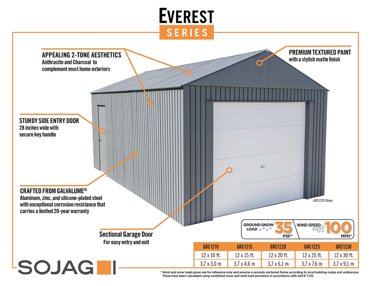 Sojag Everest Galvalume Steel 12' x 20' avec murs extra hauts pour garage, bâtiment de stockage, charbon de bois 12' x 20'