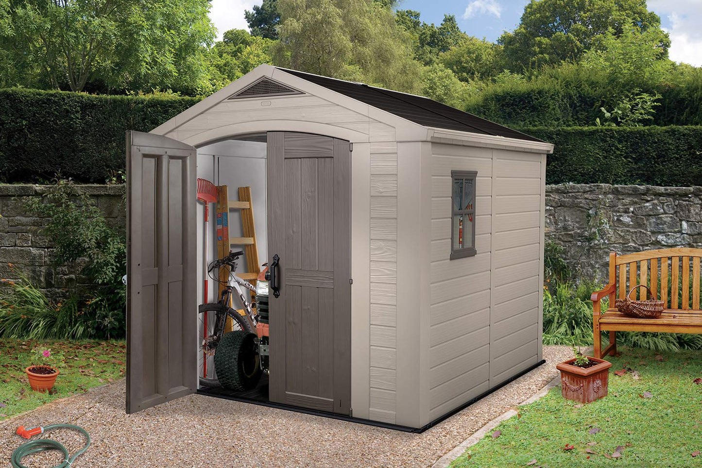 Keter Factor 8x8 Foot Large Resin Outdoor Storage Shed with Floor for Patio Furniture, Lawn Mower, and Bike Storage