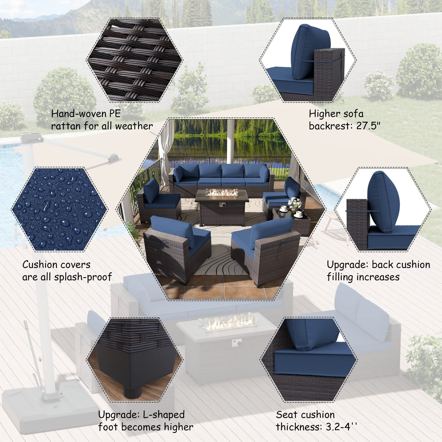ALAULM 10 Pieces Patio Furniture Set with Propane Fire Pit Table Patio Sectional Outdoor Furniture