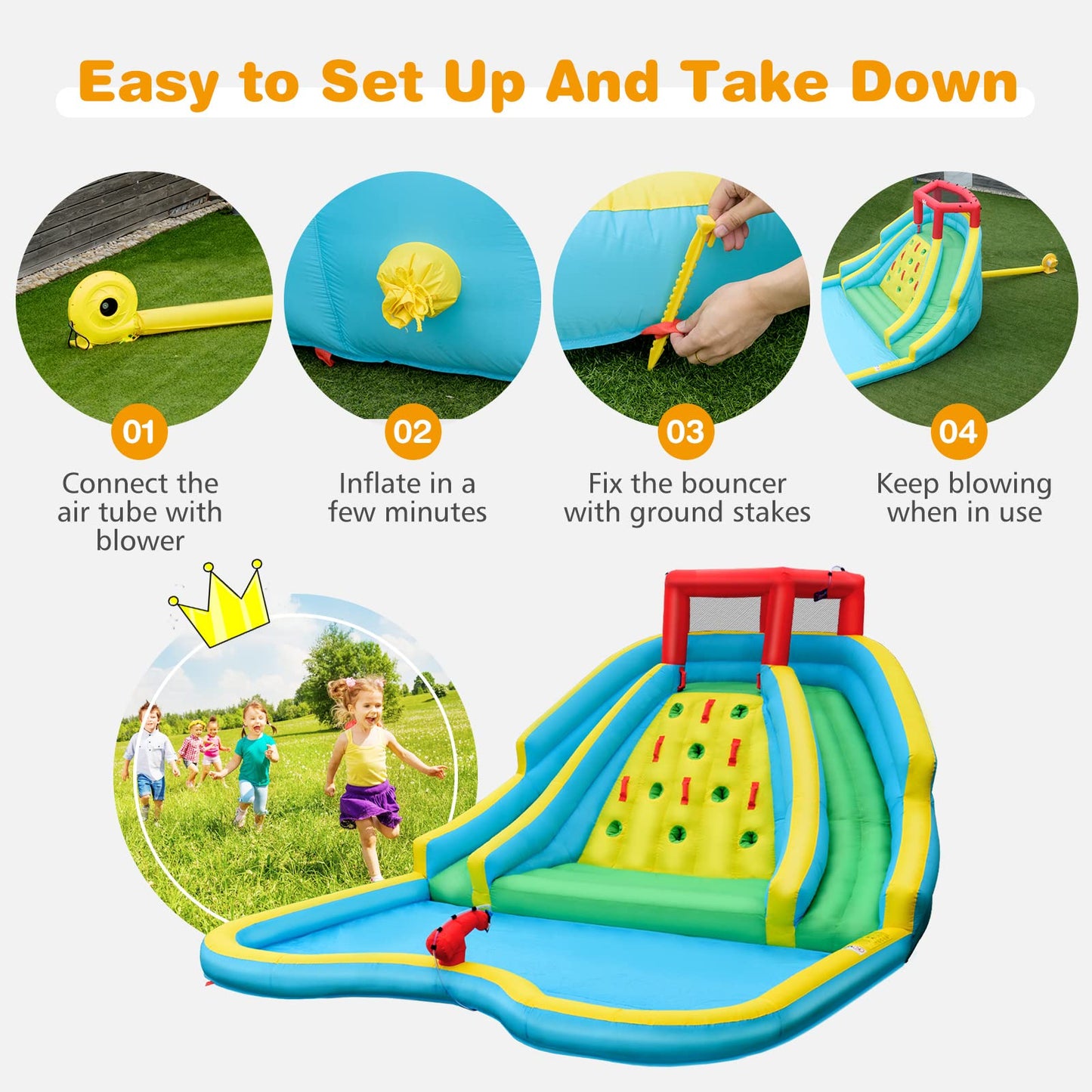 HONEY JOY Inflatable Water Slide, Giant Kids Water Park w/ 2 Long Slides & Climbing Wall, Water Hoses & Cannon, Large Splash Pool, Outdoor Blow Up Waterslides for Backyard(with 750w Blower) With 750w Blower