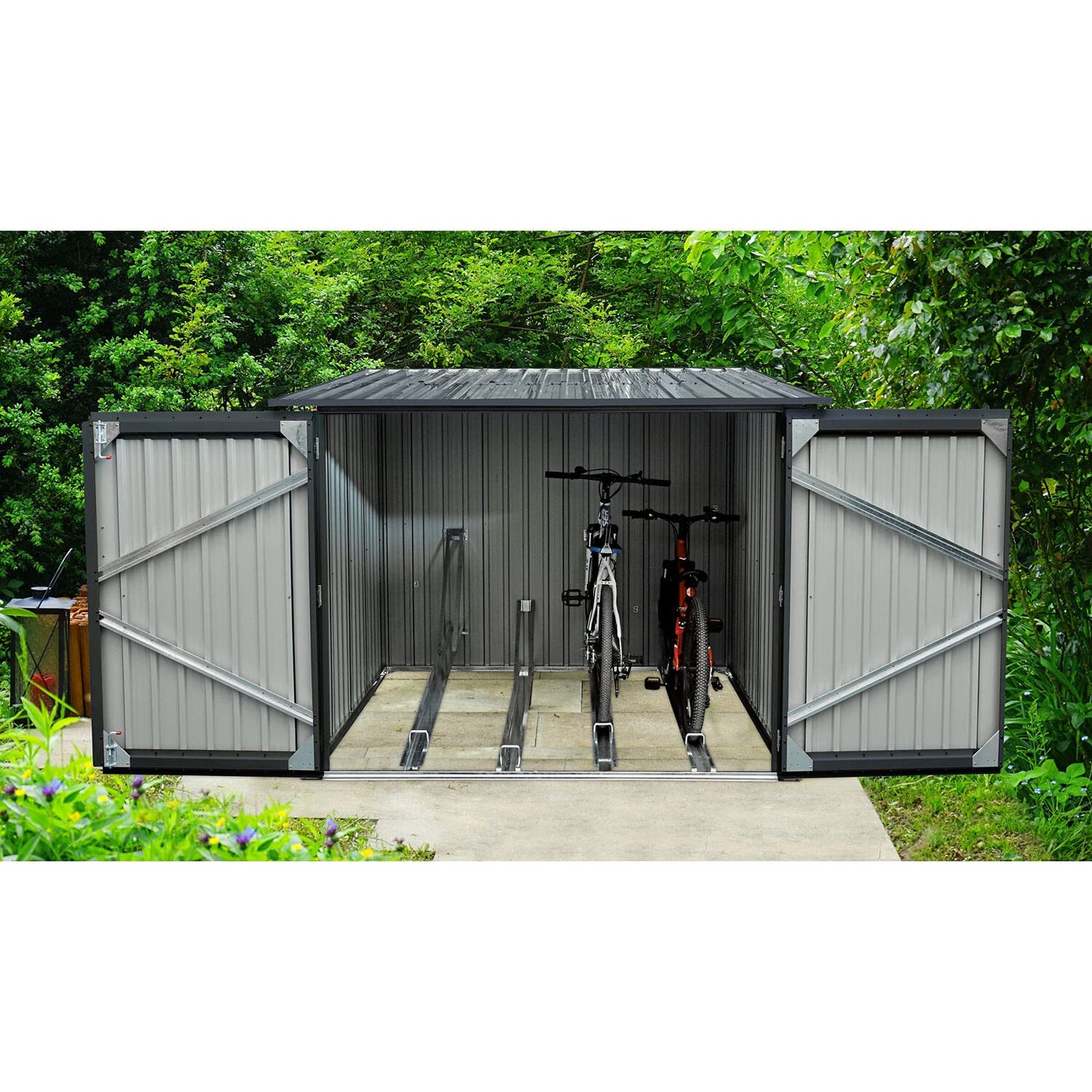 Hanover Abri de rangement pour vélos en acier galvanisé avec toit incliné, verrou tournant et clé gris foncé, permet de ranger jusqu'à 4 vélos