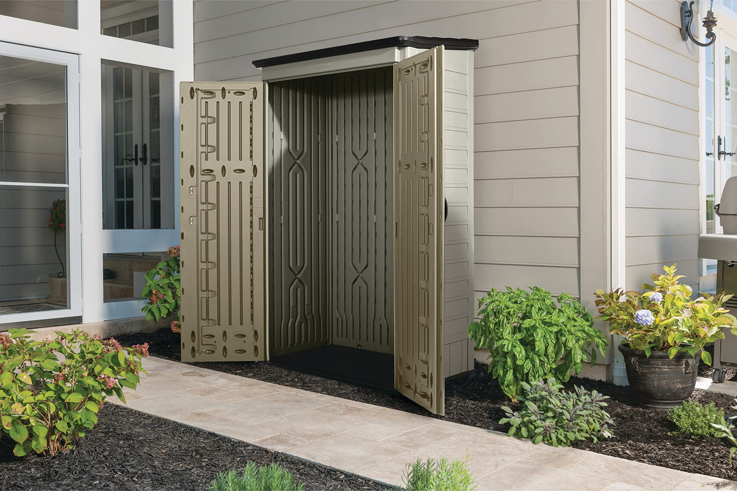 Rubbermaid Outdoor Small Vertical Resin Storage Shed, 5x2 Feet, Brown, Weather Resistant Utility Shed with Lock for Storage for Lawn Accessories/Power Tools/Outdoor Toys/Hose 5'x2'