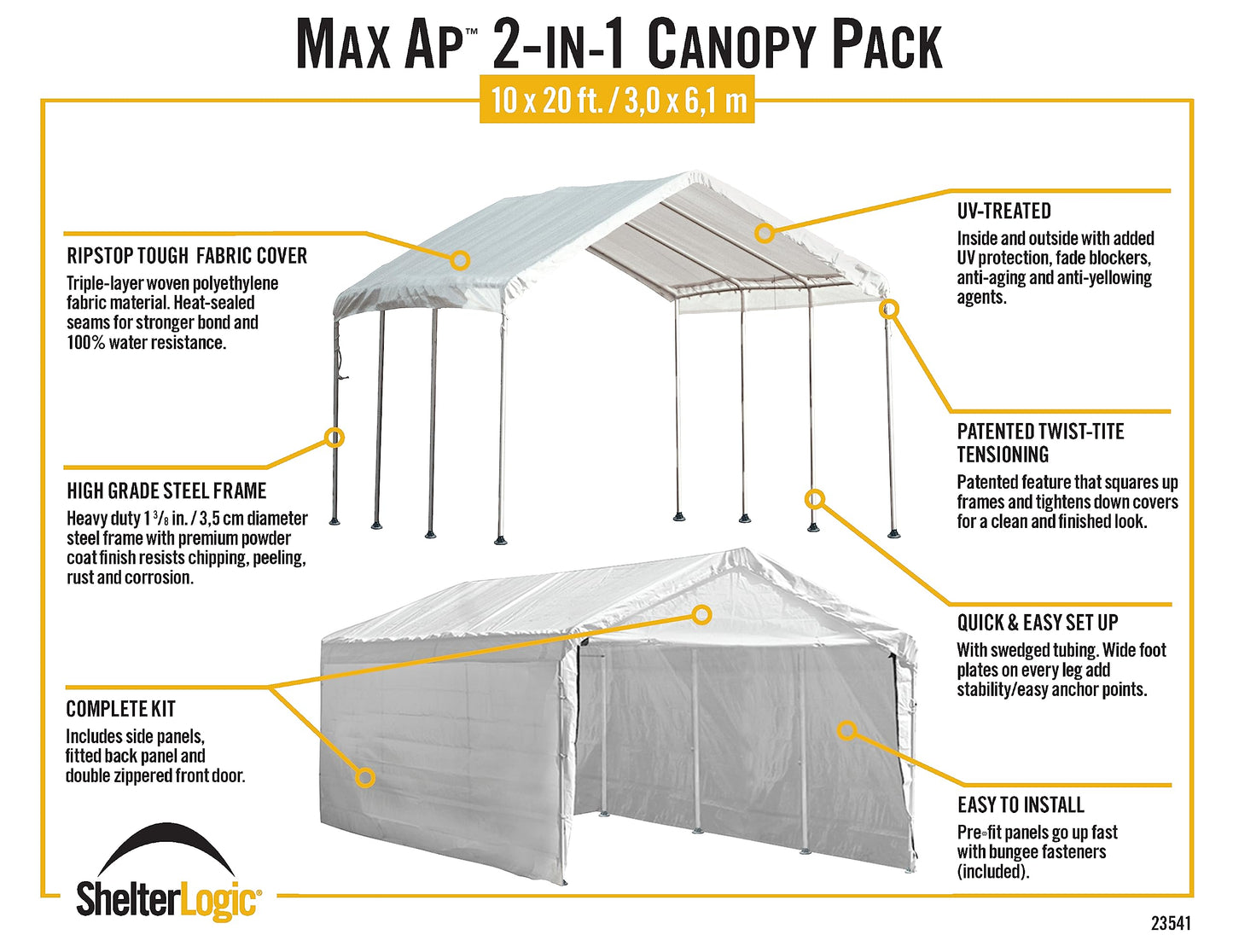 ShelterLogic 10' x 20' MaxAP Large Portable Garage 2in1 Kit Heavy-Duty Steel Frame Outdoor Canopy, Gazebo, or Carport Tent with Enclosure for Car, SUV, Truck, Boat, Tractor, White Canopy + Enclosure