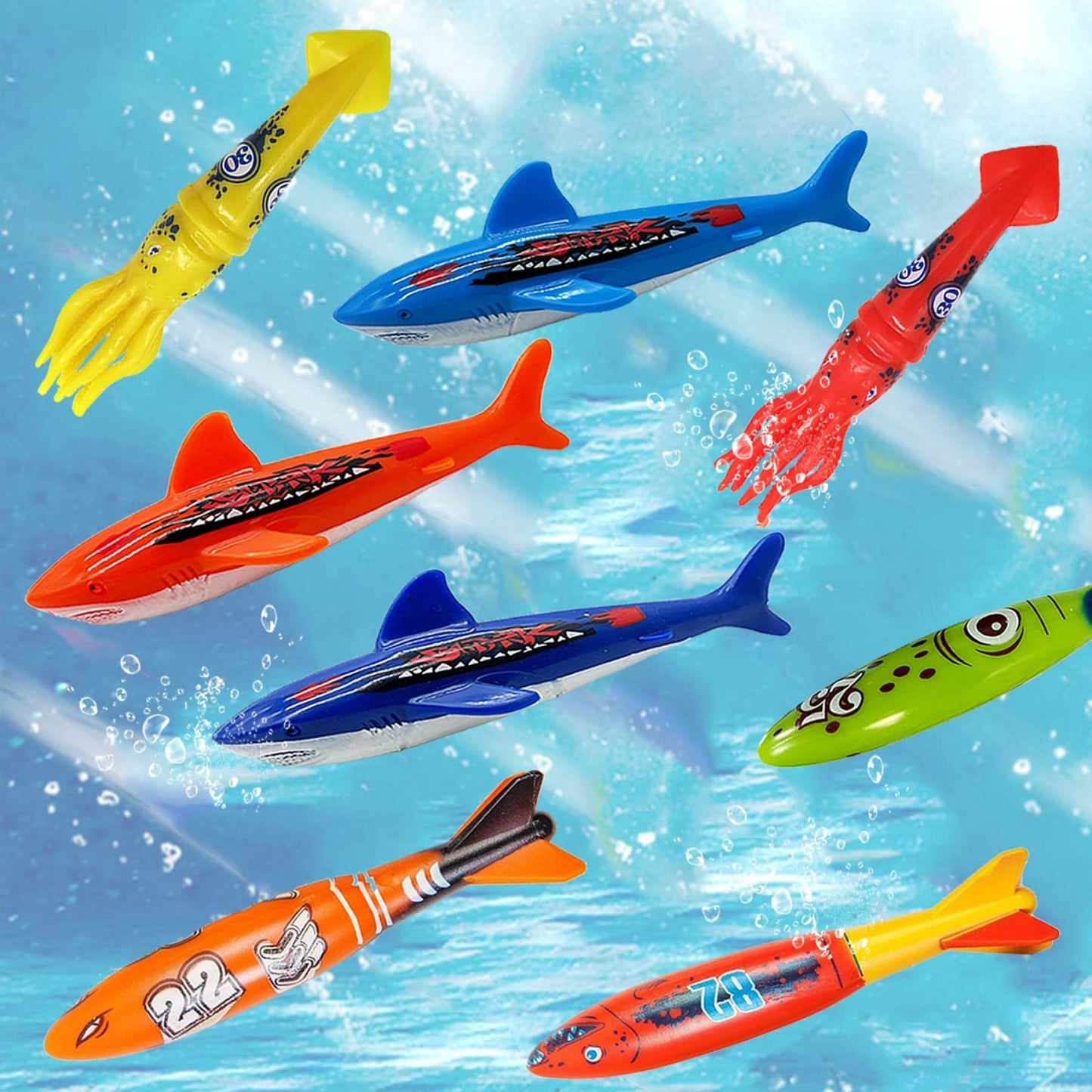 Pool Diving Toy Set for Kids, Practice Diving and Swimming, Underwater Sinking Torpedos, Sharks and Squids Multicolor Assorted