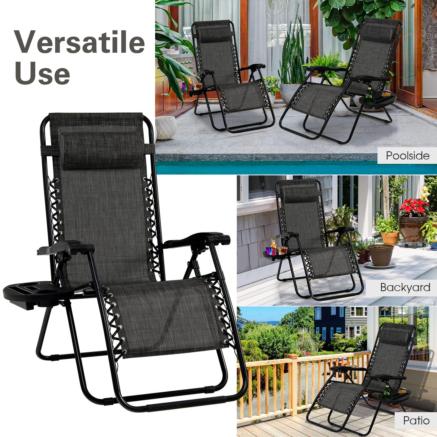 Goplus Zero Gravity Chair, Adjustable Folding Reclining Lounge Chair with Pillow and Cup Holder, Patio Lawn Recliner for Outdoor Pool Camp Yard (1, Grey) set of 1