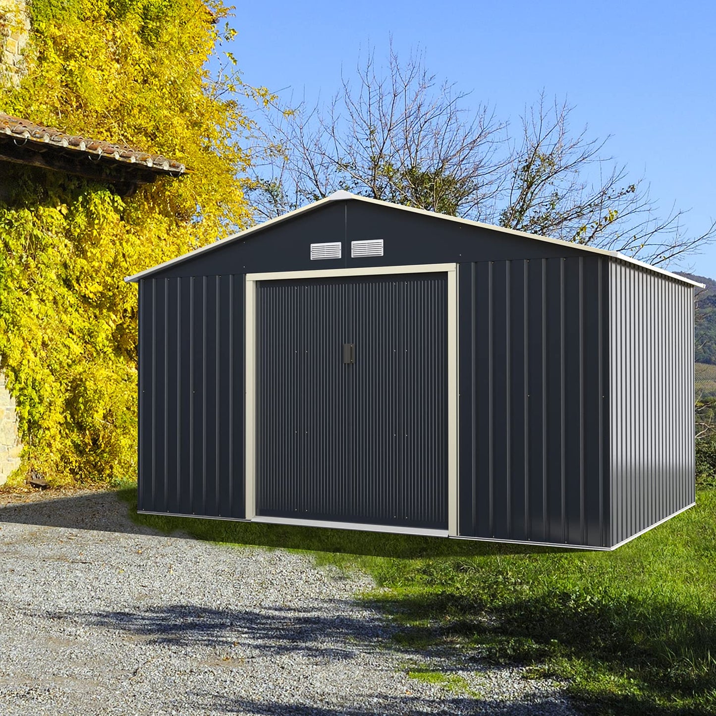 Goplus Abri de rangement en métal 11' X 8' Organisateur de bâtiment extérieur avec 4 aérations et double porte coulissante pour jardin, arrière-cour, ferme (11' X 8') 11' X 8'