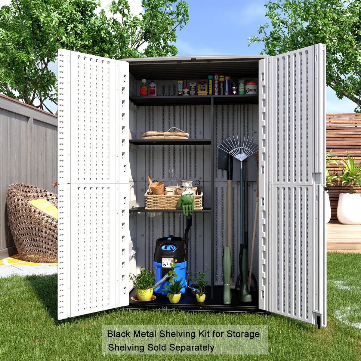 KINYING Abri de rangement extérieur étanche, armoire de rangement verticale en résine à double couche, polyvalente pour ranger les meubles de patio, les outils de jardin, les accessoires de piscine, la tondeuse (52 pieds cubes, blanc) Blanc crème-01A