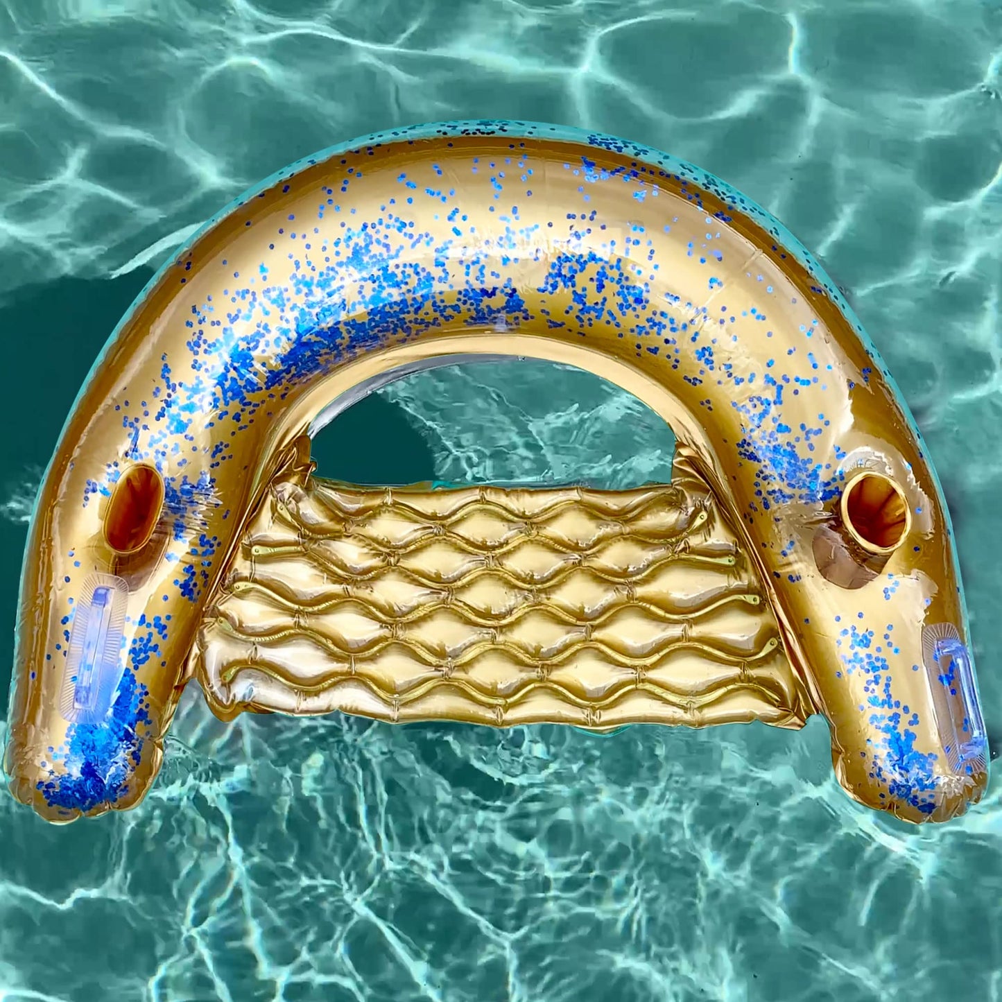 Triumpeek Inflatable Pool Float Chair, Water Lounge Floaties for Adults with Cup Holder and Backrest, Floating Tube Armchair with Glittering Spangles for Swimming Pool Summer Party Golden