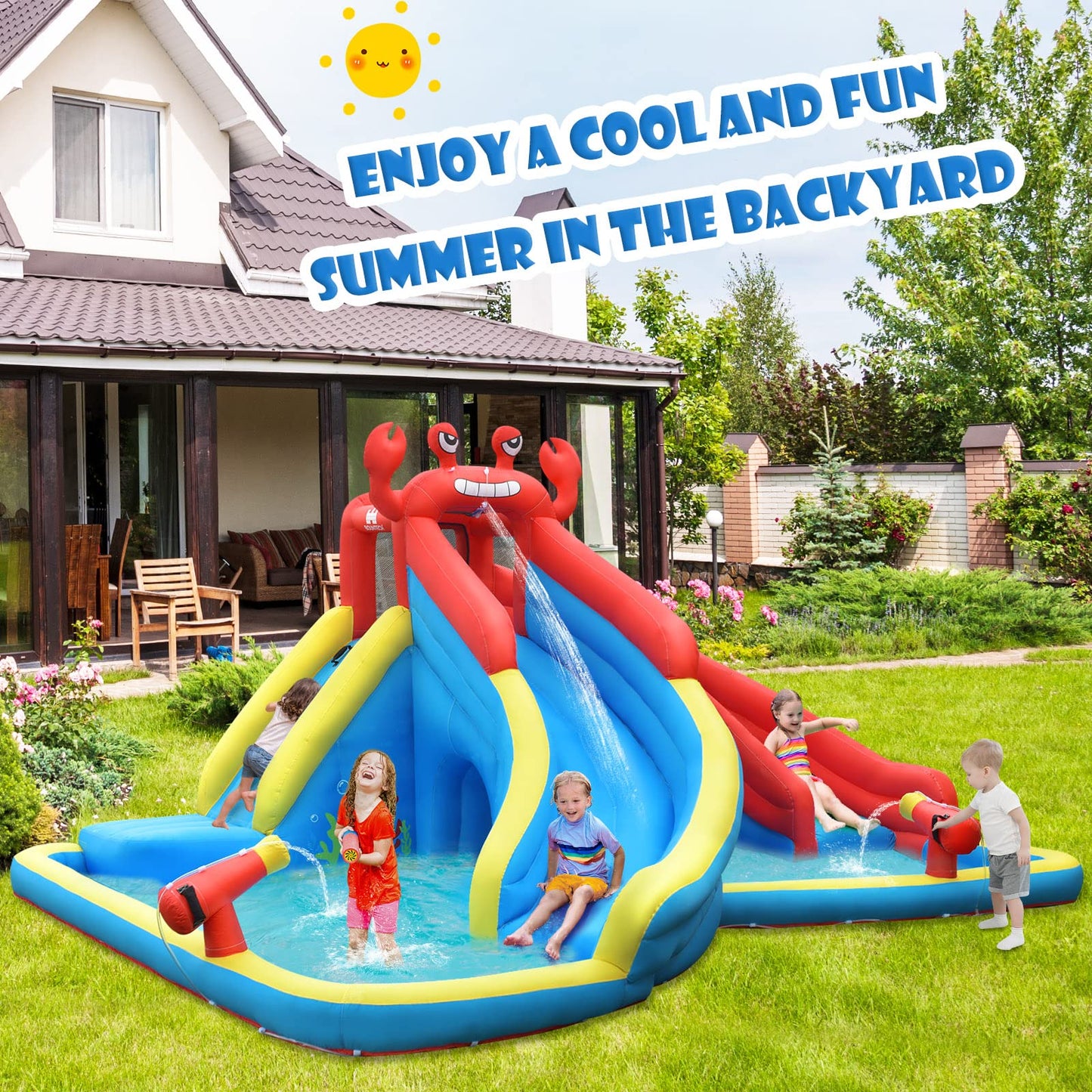 BOUNTECH Inflatable Water Slide, 7 in 1 Waterslide Park for Kids Outdoor Fun with Double Long Slide, 950w Blower, Splash Pool, Crab Theme Blow up Water Slides for Kids and Adults Backyard Party Gifts With 950W Air Blower