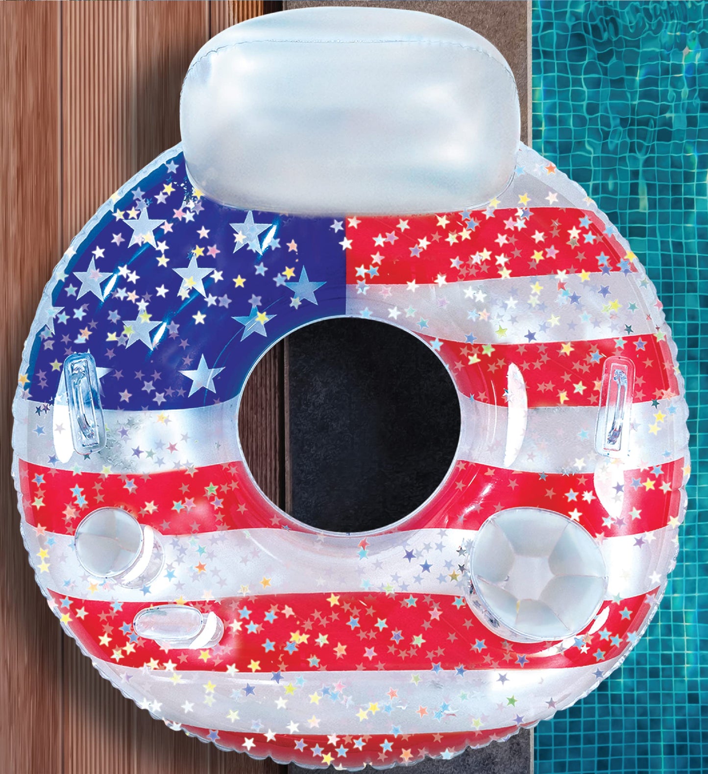 POZA Inflatable USA Pool Float - Luxurious Fun Lounger Filled with Sparkle Silver Stars Confetti, Cool USA Flag Design Water Swimming Pool Floaties for Beach, Lake & Pool USA Luxury Tube