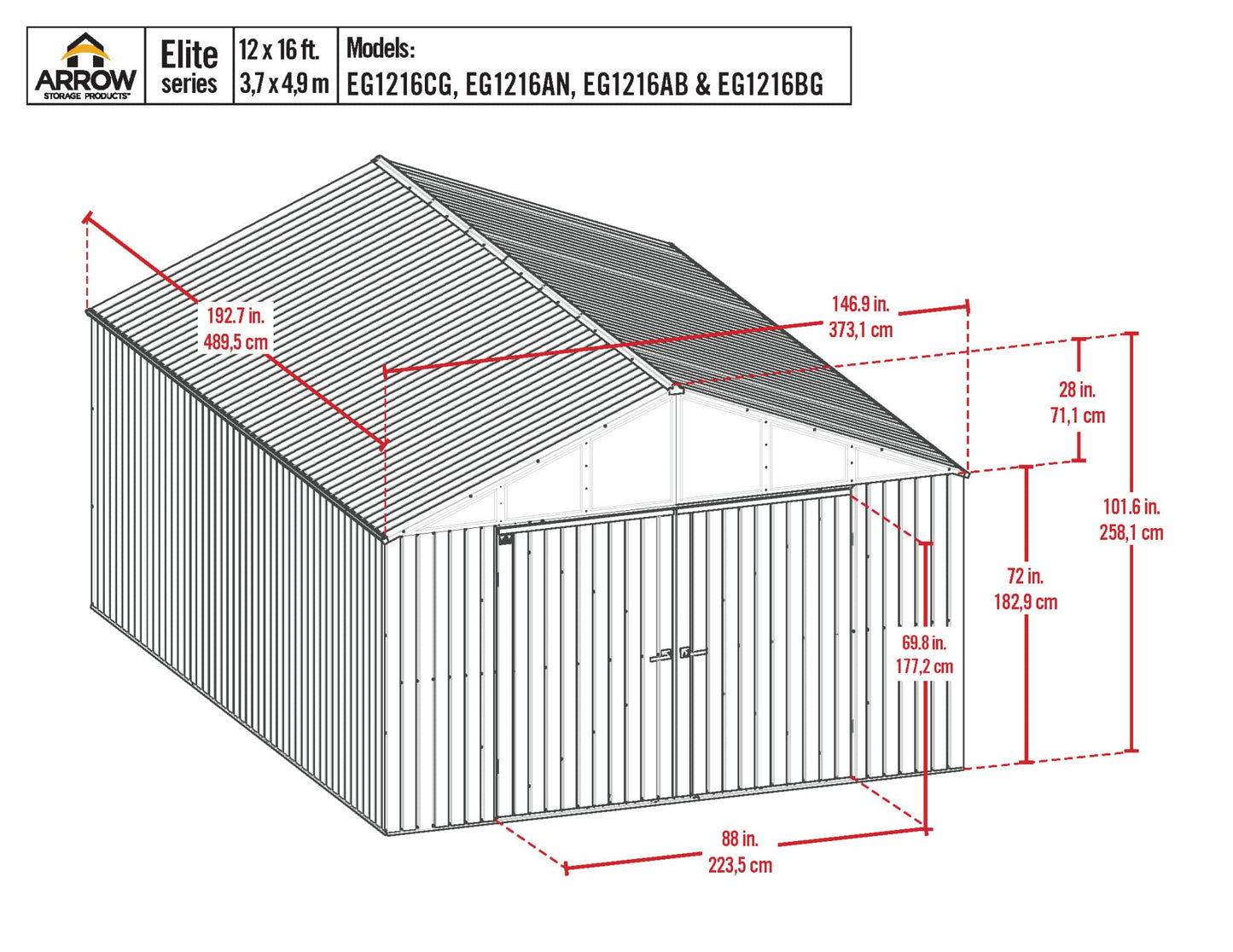 Arrow Shed Elite Hangar de rangement extérieur en acier avec toit à pignon verrouillable, 12' x 16', Anthracite