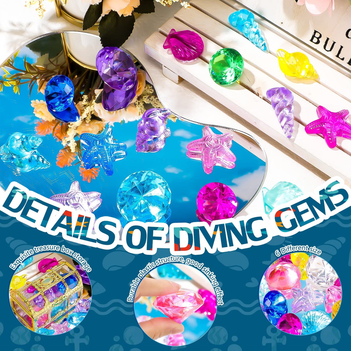 24 Pieces Diving Gem Pool Toys Colorful Summer Swimming Gem Diving Toys with 2 Treasure Pirate Boxes Summer Underwater Swimming Toy Set for Parties Birthday, Wedding Decoration Gems (Ocean Style) Ocean Style