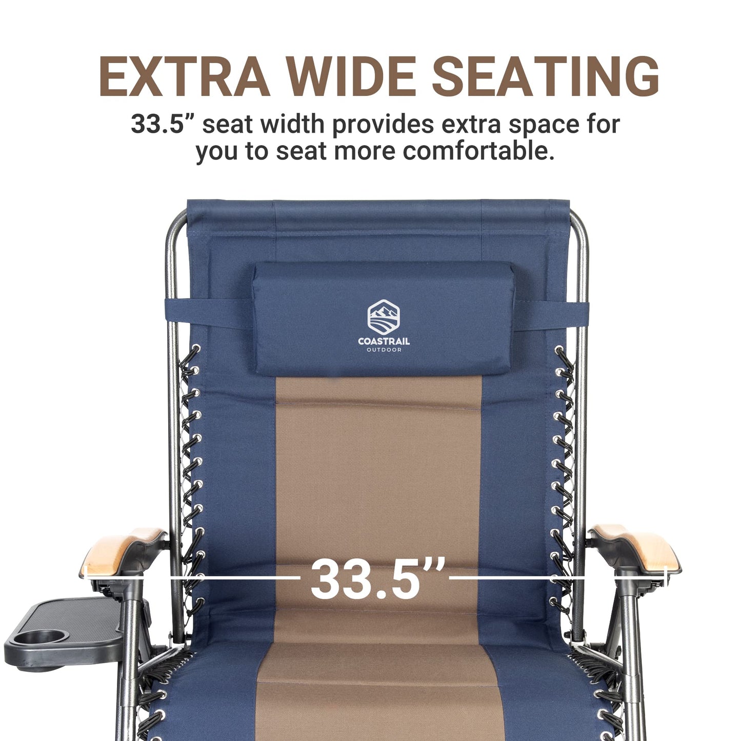 Coastrail Outdoor Zero Gravity Chair Wood Armrest XXL Camping Lounge Chair Patio Recliner Support 400lbs Padded Reclining Chair Folding Lawn Chair with Side Table Blue